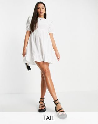 Influence Tall frilled smock mini dress in white
