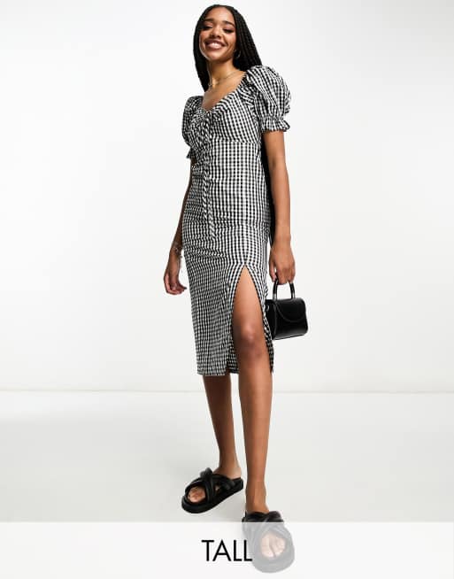 Influence Tall front midi dress in black and white check print