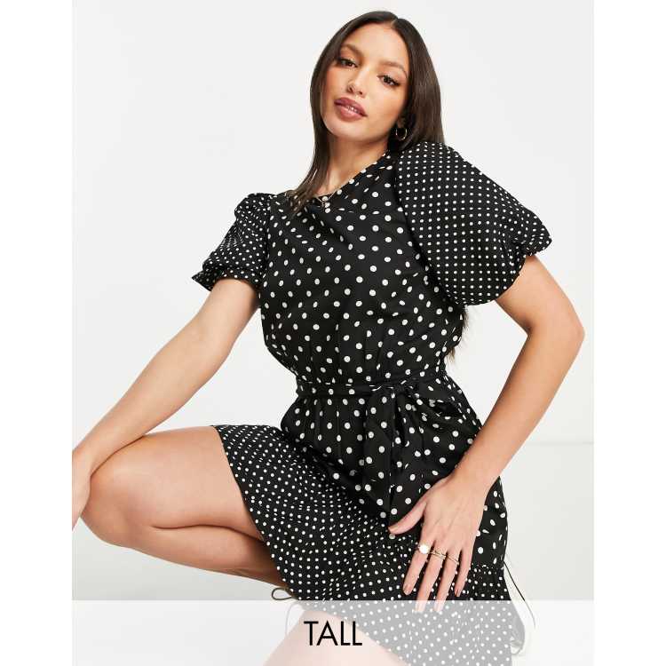 Influence Tall Gestippelde mini jurk met gestrikte taille ASOS