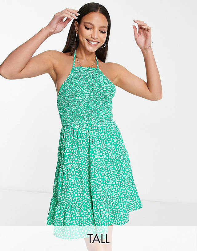 Influence Tall - halter neck tiered mini dress in green floral print