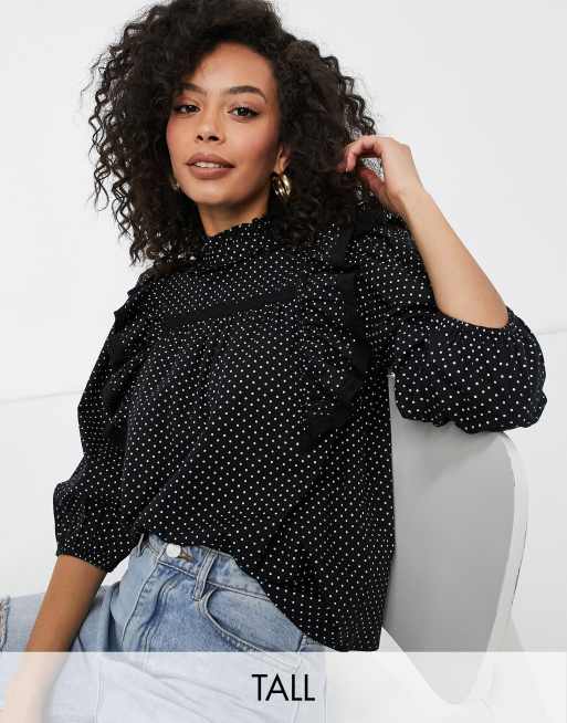 RUFFLED POLKA DOT BLOUSE - Black / White