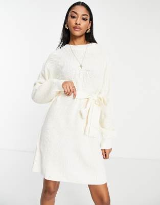 Influence Tall knit mini dress with tie waist in white | ASOS