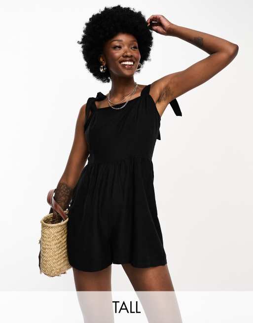 Influence Tall linen blend tie strap playsuit in black