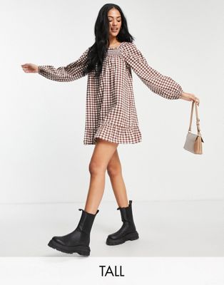 Influence Tall long sleeve mini gingham smock dress in brown - ASOS Price Checker