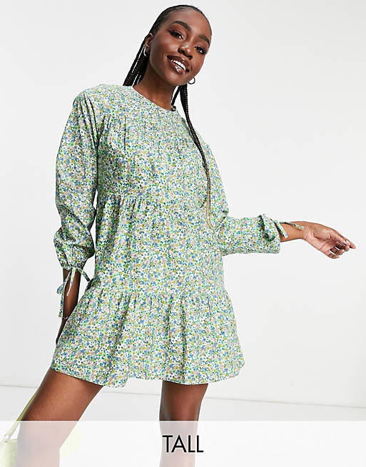 Influence Tall long sleeve printed cotton mini dress in ditsy floral print