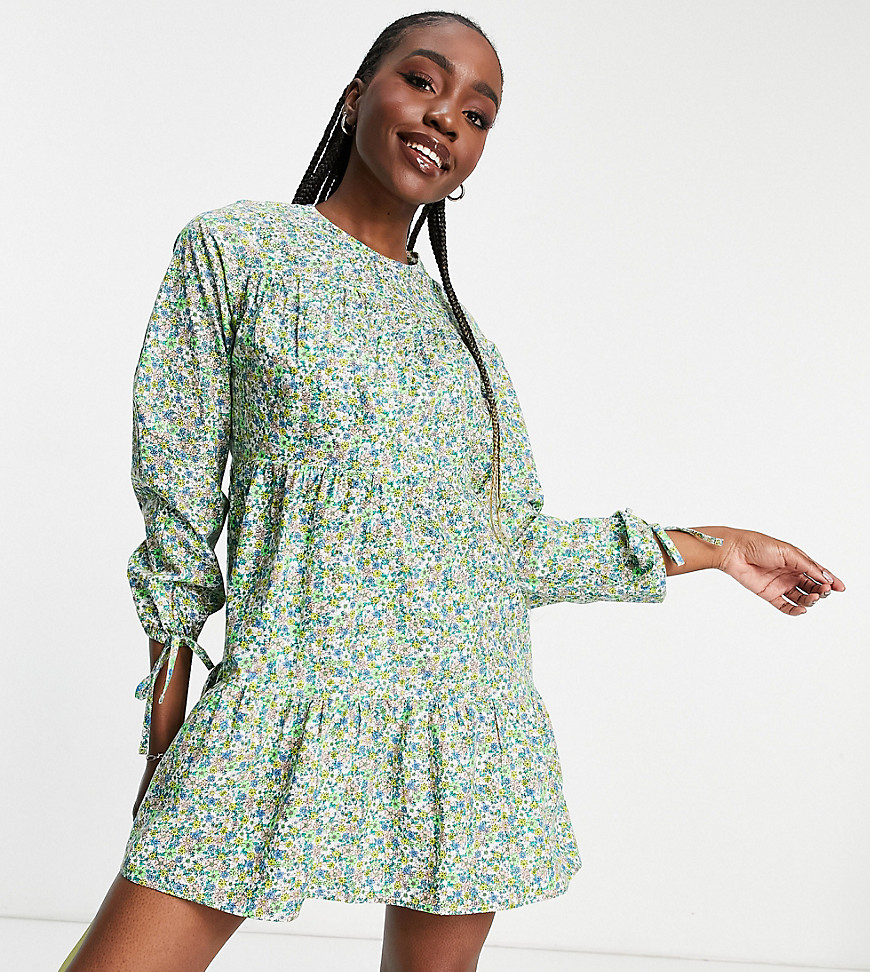 Influence Tall long sleeve printed cotton mini dress in floral print-Green