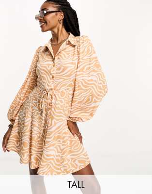 Influence Tall long sleeve tie waist mini dress in beige abstract print