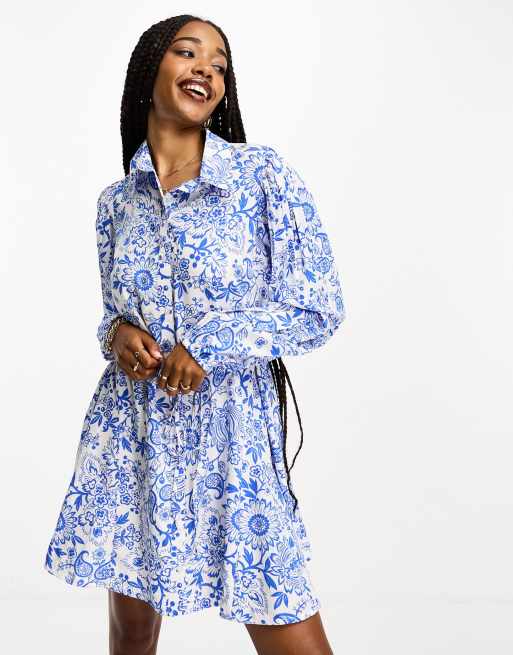 Buy Blue/White Floral Tie Waist Long Sleeve Mini Dress from Next