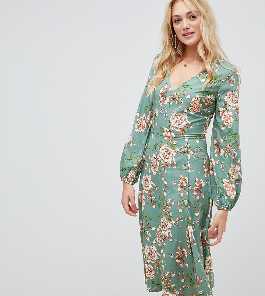 Influence - Tall - Midi-jurk met bloemenprint en knopen-Groen