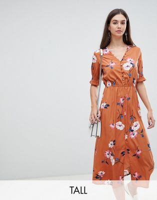 Influence Tall - Midi-jurk met bloemenprint, gesmokte mouwen en knopen vooraan-Rood