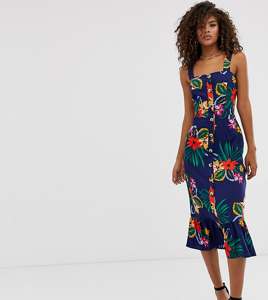 Influence Tall - Midi-jurk met doorlopende knopen en tropische bloemenprint-Blauw