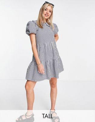 Influence Tall mini dress with collar in navy gingham - ASOS Price Checker