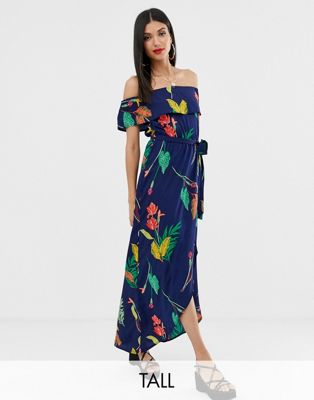 Influence Tall Off Shoulder Maxi Dress In Navy Floral | ModeSens