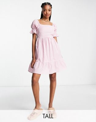 Influence Tall poplin milkmaid mini dress in pink gingham