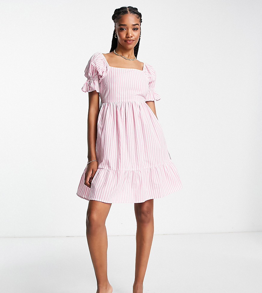 Influence Tall poplin milkmaid mini dress in pink gingham