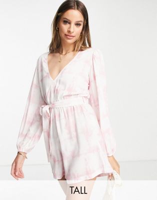 Influence Tall puff sleeve belted beach playsuit in pink