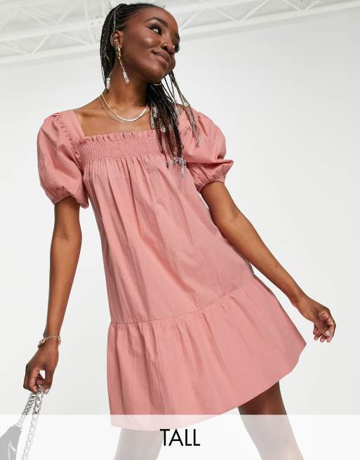 Influence Tall puff sleeve cotton poplin mini dress in teracotta