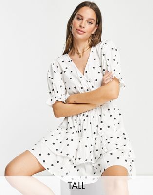 Influence Tall puff sleeve mini tea dress in white polka dot - ASOS Price Checker