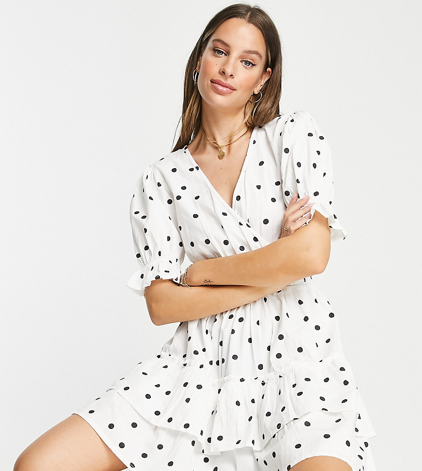 Influence Tall puff sleeve mini tea dress in white polka dot