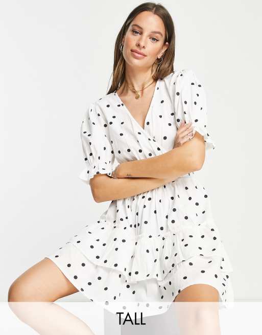 Influence Tall puff sleeve mini tea dress in white polka dot | ASOS