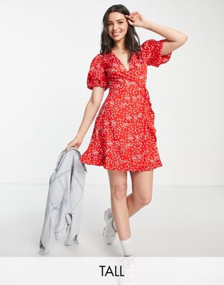 Influence Tall Puff Sleeve Wrap Dress In Red Floral | ModeSens