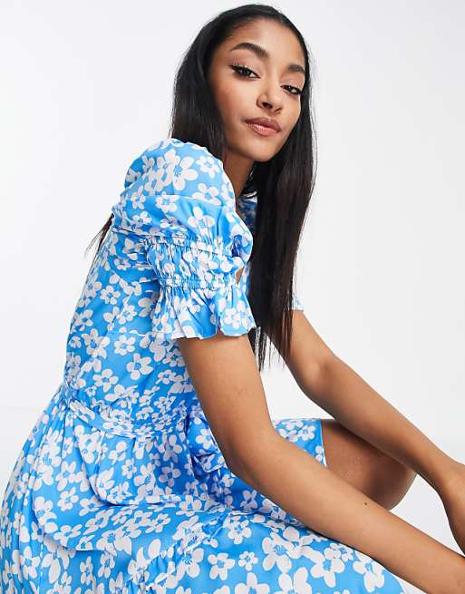 Influence Tall puff sleeve wrap frill mini dress in blue multi