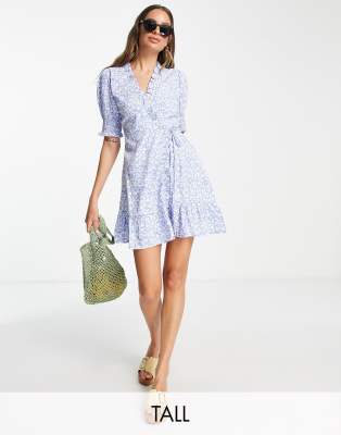 Influence Tall Influence Tall puff sleeve wrap frill mini dress in blue multi