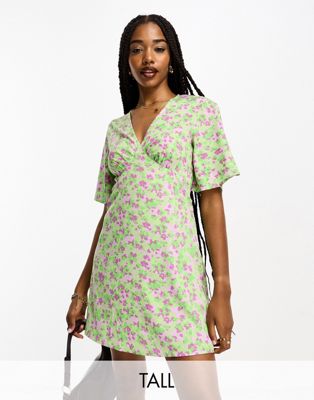 Influence Tall v neck mini dress in green and lilac floral print - ASOS Price Checker