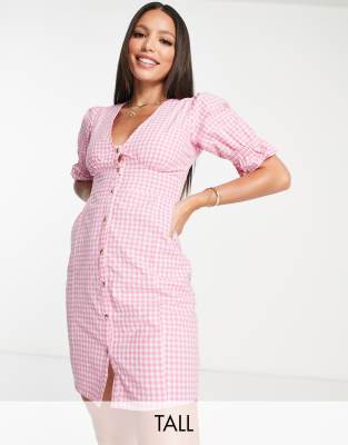 Influence Tall v neck  button down mini dress in gingham green  - ASOS Price Checker
