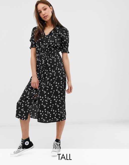 Influence Tall shirred sleeve floral midi dress with button down