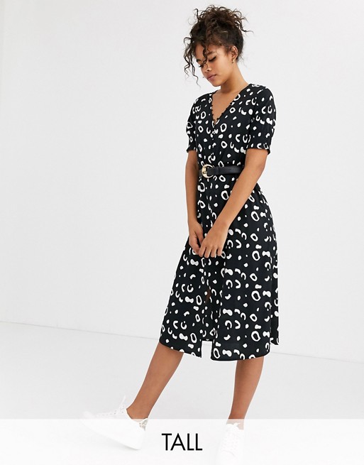 Influence Tall shirred sleeve midi dress with button front in abstract print