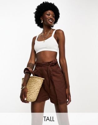 Influence Tall tie waist linen blend shorts in chocolate - ASOS Price Checker