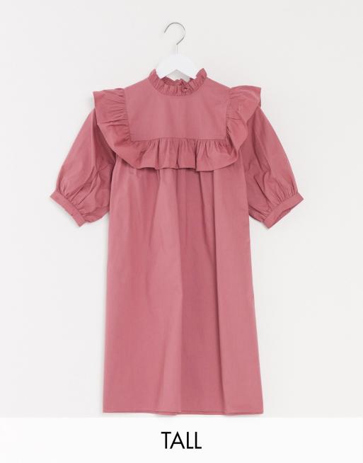 Influence Tall smock dress with frill detail in dusky pink