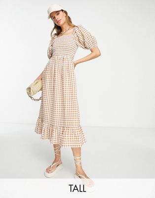 Influence Tall square neck puff sleeve beach dress in brown check