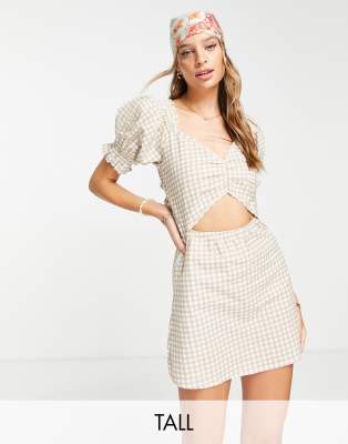 Influence Tall tie back mini dress in beige gingham