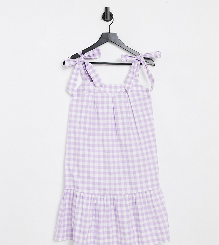 Influence Tall Tie Strap Mini Dress In Lilac Gingham-purple