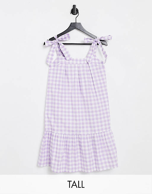 Influence Tall tie strap mini dress in lilac gingham