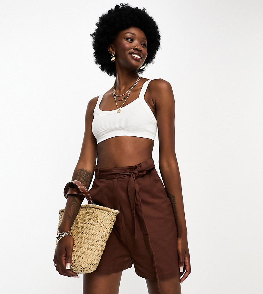 Influence Tall tie waist linen blend shorts in chocolate-Brown