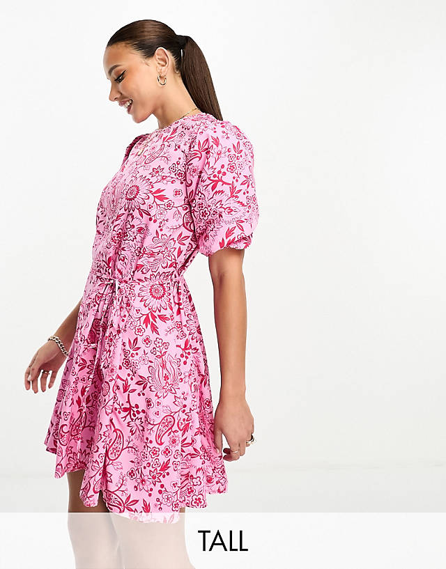 Influence Tall - tie waist puff sleeve mini dress in pink floral print