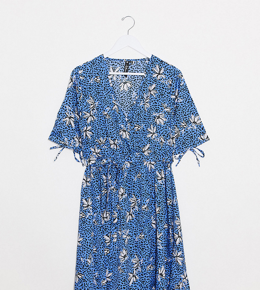 Influence Tall wrap front mini dress in cornflower blue floral spot