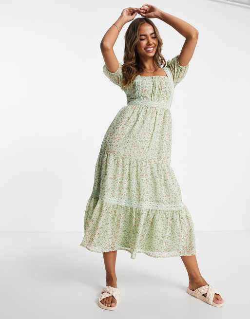 Influence tie back tiered midi dress with lace trim in sage floral 