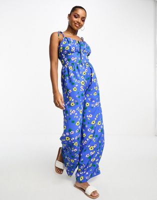 Influence tie cami strap wide leg jumpsuit in blue floral print | ASOS