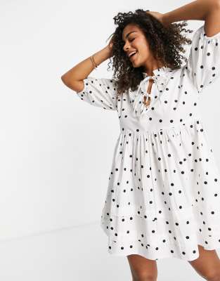 Influence tie front cotton poplin mini dress in white polka dot