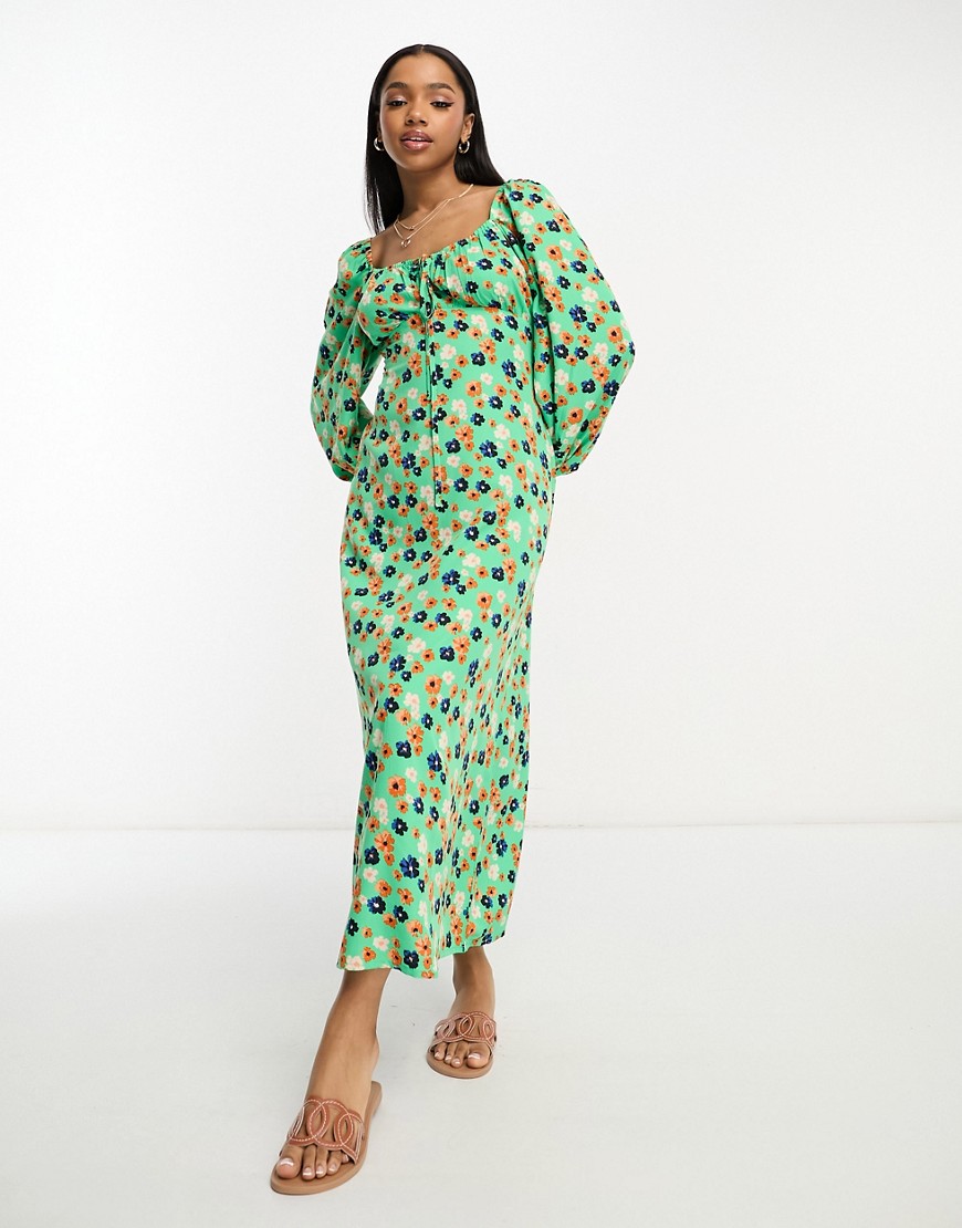 Influence tie front long sleeve midi dress in green floral print