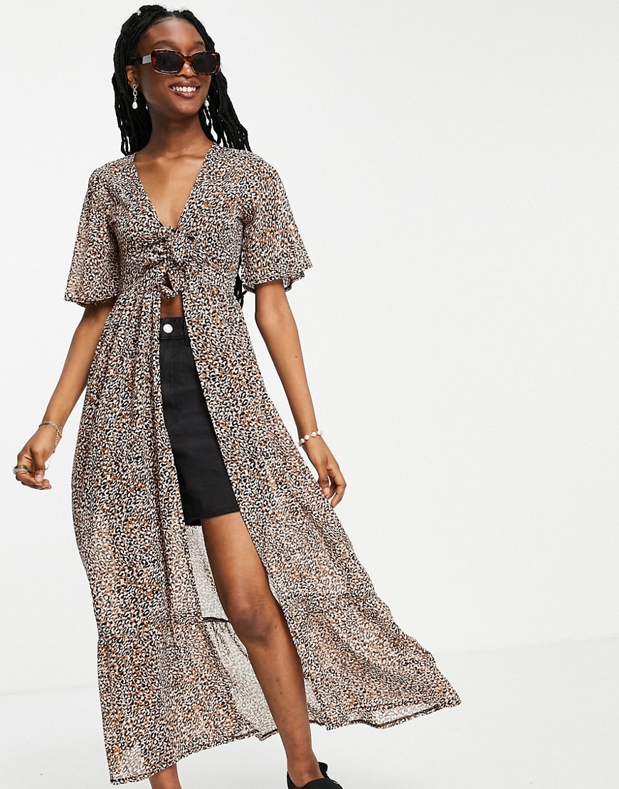 Influence tie front maxi dress in leopard print-Brown