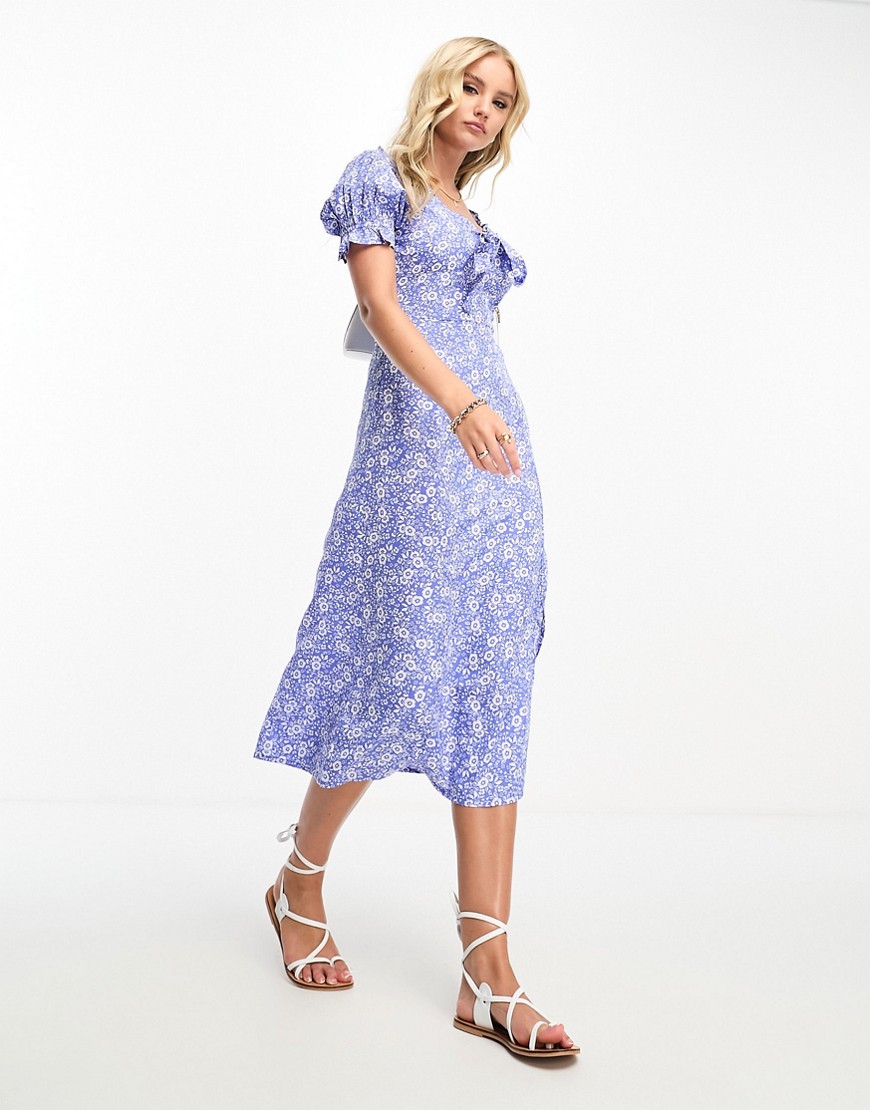 Influence tie front midi dress in blue floral print