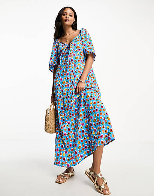 Influence tie front midi dress in blue multi floral print | ASOS