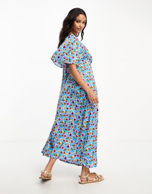 Influence tie front midi dress in blue multi floral print