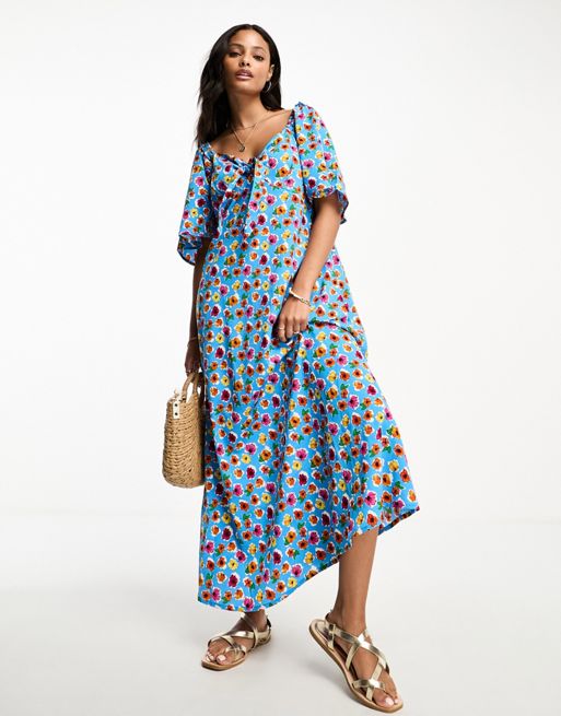 Influence tie front midi dress in blue mutli floral print | ASOS