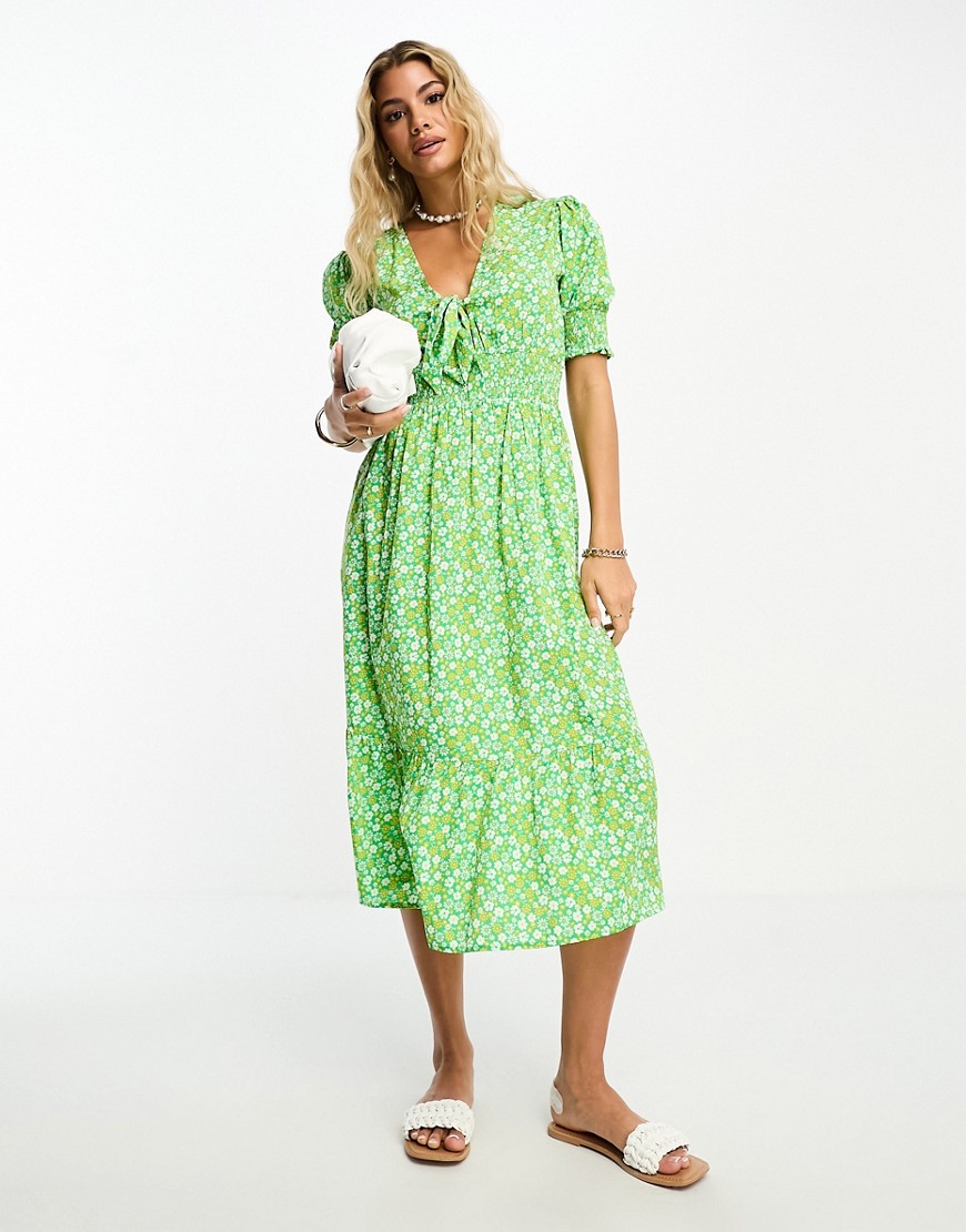 Influence tie front midi dress in bright green floral print